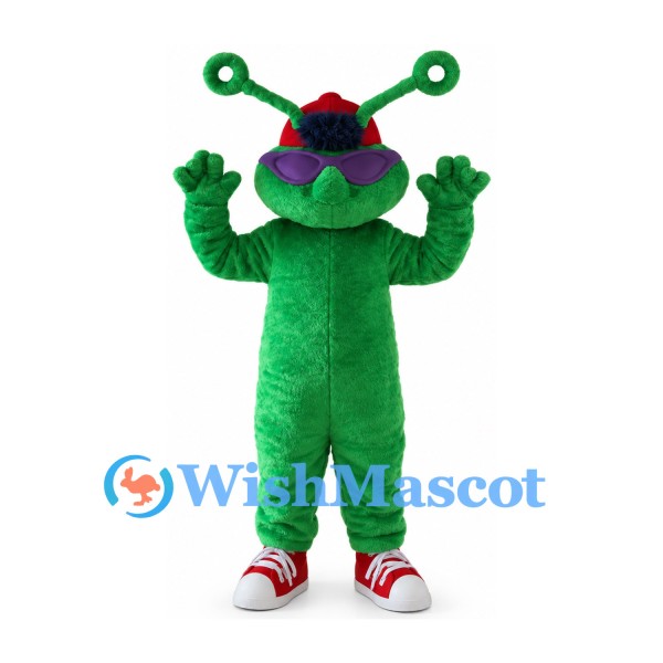 Green Alien Mascot Costume with Red Cap and Purple Sunglasses