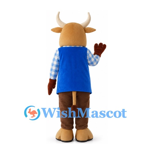 Brown Bull Mascot Costume with Checked Shirt and Blue Vest