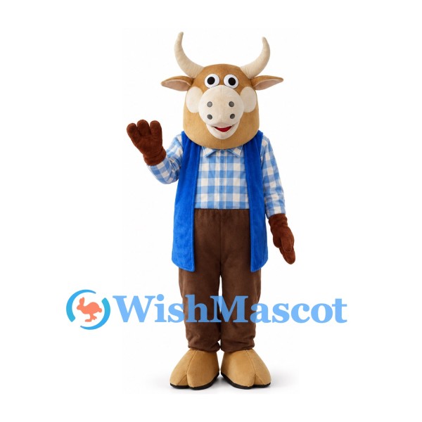 Brown Bull Mascot Costume with Checked Shirt and Blue Vest