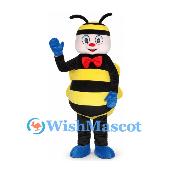 Yellow Bee Mascot Costume with Red Bow Tie and Blue Gloves