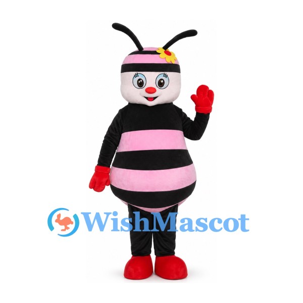Pink Bee Mascot Costume with Flower Headband and Red Gloves
