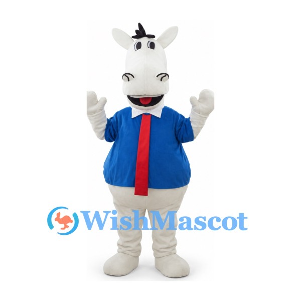 Horse Mascot Costume in White with Blue Shirt and Red Tie