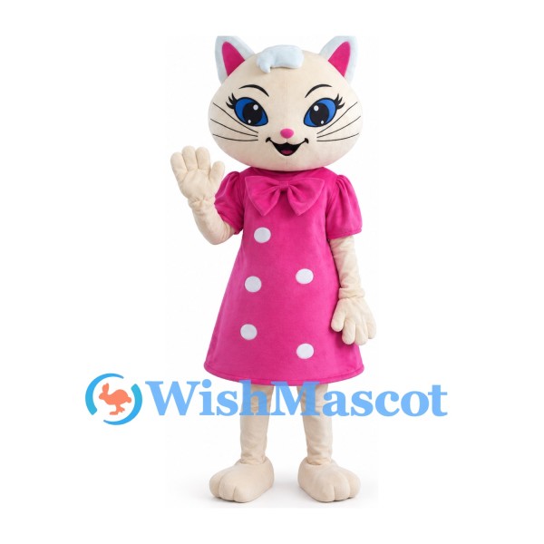 Cat Mascot Costume in Cream with Pink Polka Dot Dress