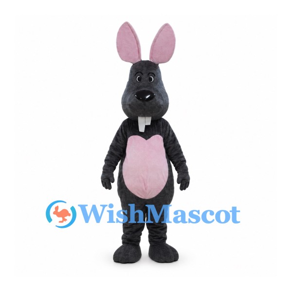 Rabbit Mascot Costume in Dark Gray with Pink Belly and Long Ears