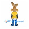 Rabbit Mascot Costume in Brown with Yellow Shirt and Blue Pants