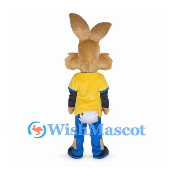 Rabbit Mascot Costume in Brown with Yellow Shirt and Blue Pants