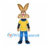 Rabbit Mascot Costume in Brown with Yellow Shirt and Blue Pants
