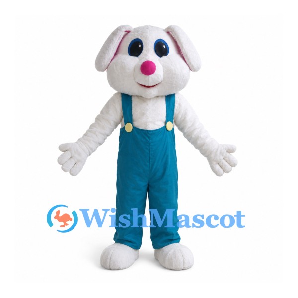 Rabbit Mascot Costume in White with Teal Overalls
