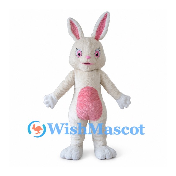 Rabbit Mascot Costume in White with Pink Belly and Long Ears