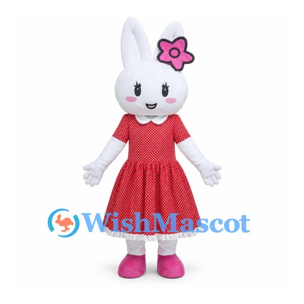 Rabbit Mascot Costume with Red Dress and Pink Flower Hair Clip