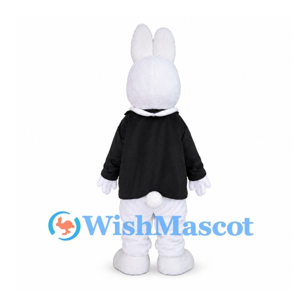 Rabbit Mascot Costume with Black Jacket Blue Vest and Yellow Bow Tie