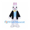 Rabbit Mascot Costume with Black Jacket Blue Vest and Yellow Bow Tie