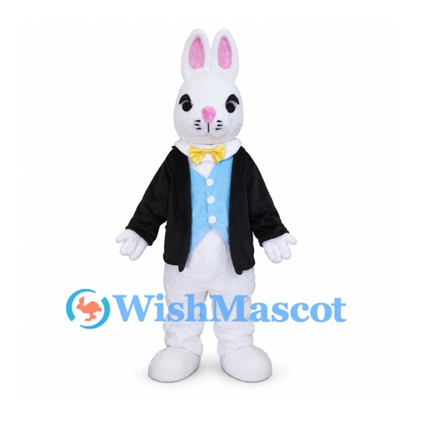 Rabbit Mascot Costume with Black Jacket Blue Vest and Yellow Bow Tie