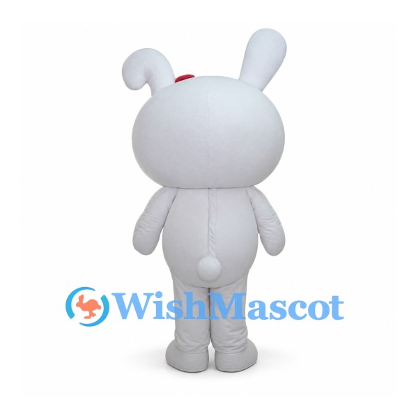 Rabbit Mascot Costume in White with Red Hair Bow and Pink Cheeks