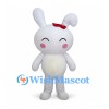 Rabbit Mascot Costume in White with Red Hair Bow and Pink Cheeks