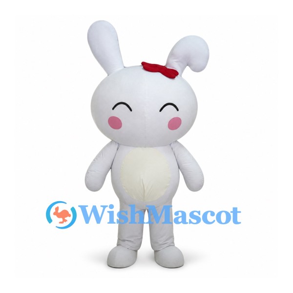 Rabbit Mascot Costume in White with Red Hair Bow and Pink Cheeks