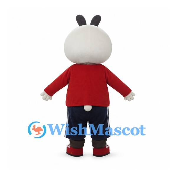 Rabbit Mascot Costume with Black Eye Patches Red Shirt and Navy Pants