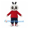 Rabbit Mascot Costume with Black Eye Patches Red Shirt and Navy Pants
