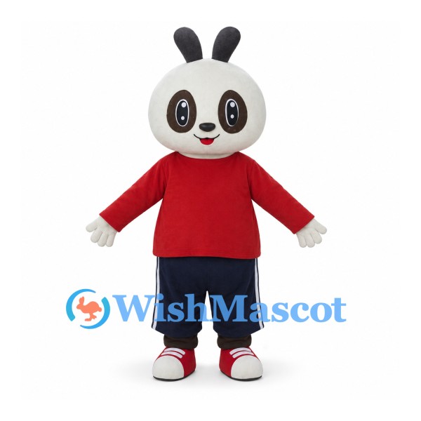 Rabbit Mascot Costume with Black Eye Patches Red Shirt and Navy Pants