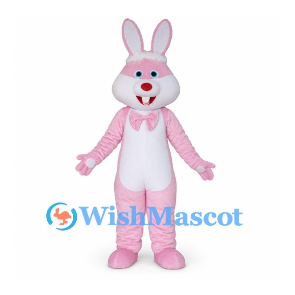 Rabbit Mascot Costume in Pink with White Belly and Neck Bow