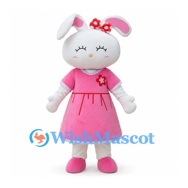Rabbit Mascot Costume with Pink Dress and Red Hair Bow