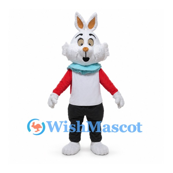 Rabbit Mascot Costume with Red Sleeves Teal Scarf and Black Pants