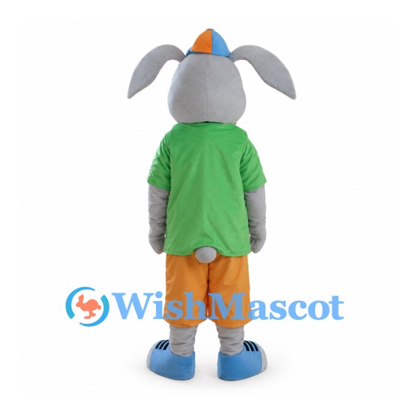 Rabbit Mascot Costume in Gray with Green Shirt and Orange Shorts