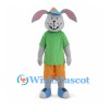 Rabbit Mascot Costume in Gray with Green Shirt and Orange Shorts