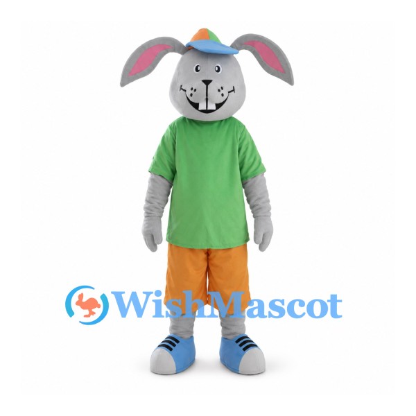 Rabbit Mascot Costume in Gray with Green Shirt and Orange Shorts