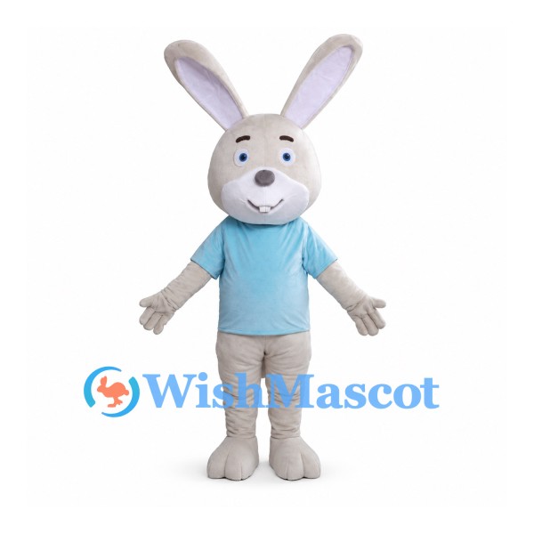 Rabbit Mascot Costume in Gray with Light Blue Shirt