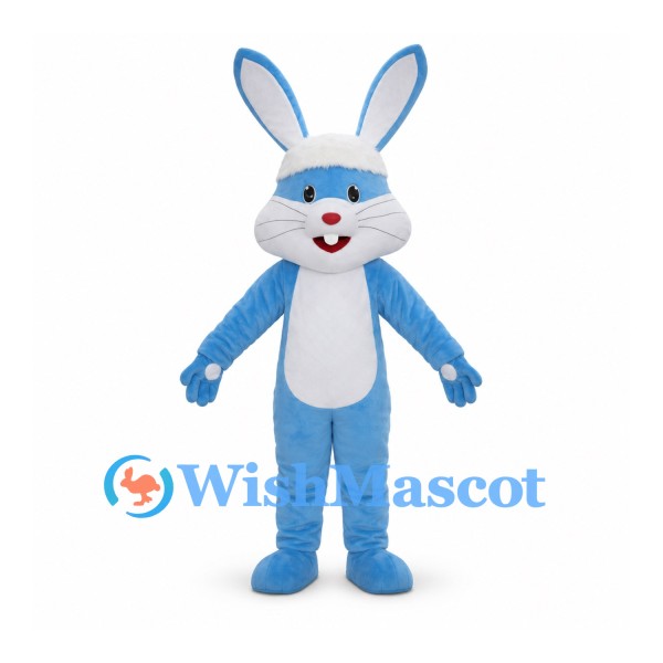 Rabbit Mascot Costume in Blue with White Belly and Red Nose