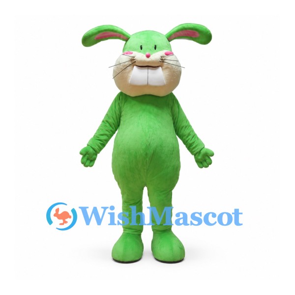 Rabbit Mascot Costume in Green with White Muzzle and Large Teeth