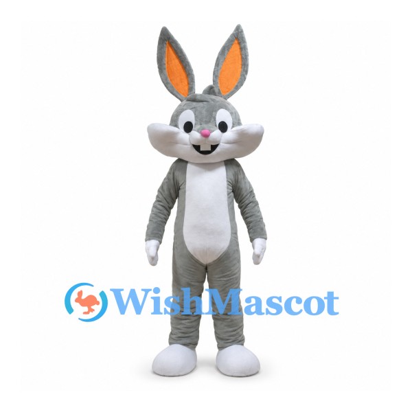 Rabbit Mascot Costume in Gray with White Belly and Orange Inner Ears