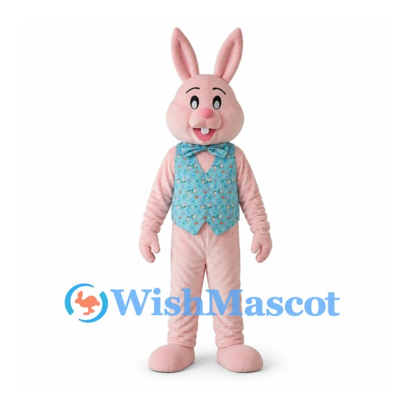 Rabbit Mascot Costume in Pink with Floral Teal Vest