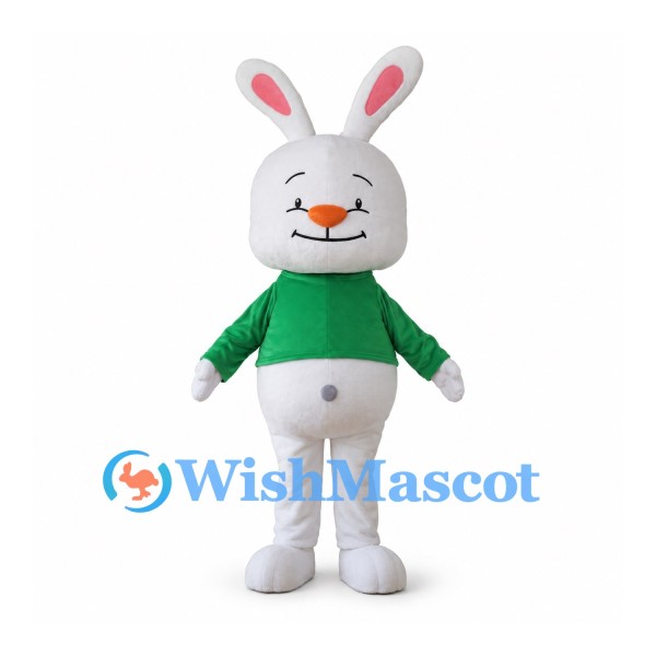 Rabbit Mascot Costume in White with Green Shirt