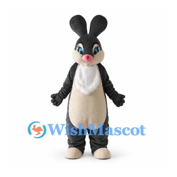 Rabbit Mascot Costume in Black with Cream Belly and Pink Nose