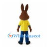 Rabbit Mascot Costume in Brown with Yellow Shirt and Blue Pants
