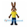 Rabbit Mascot Costume in Brown with Yellow Shirt and Blue Pants