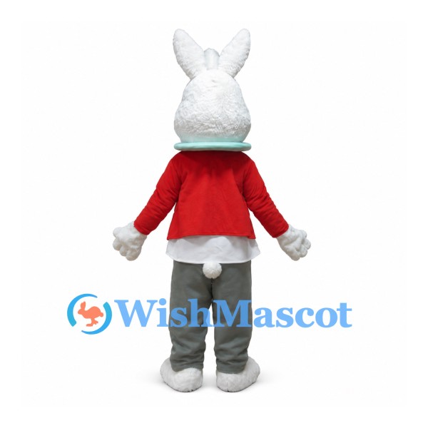 Rabbit Mascot Costume with Red Jacket Teal Scarf and Gray Pants