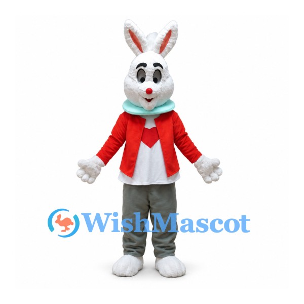 Rabbit Mascot Costume with Red Jacket Teal Scarf and Gray Pants