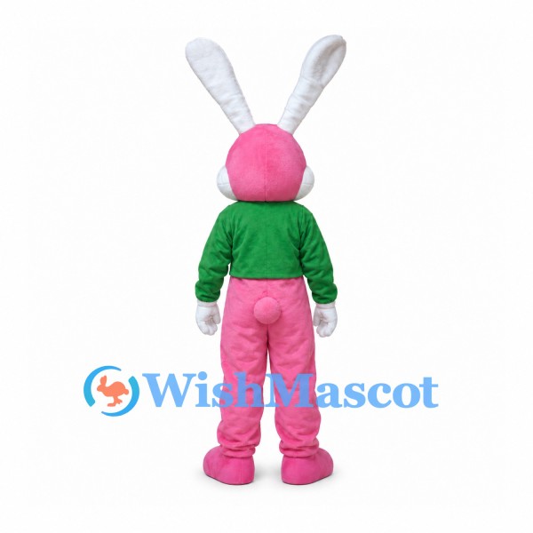 Rabbit Mascot Costume in Pink with Green Jacket and Long White Ears