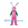 Rabbit Mascot Costume in Pink with Green Jacket and Long White Ears
