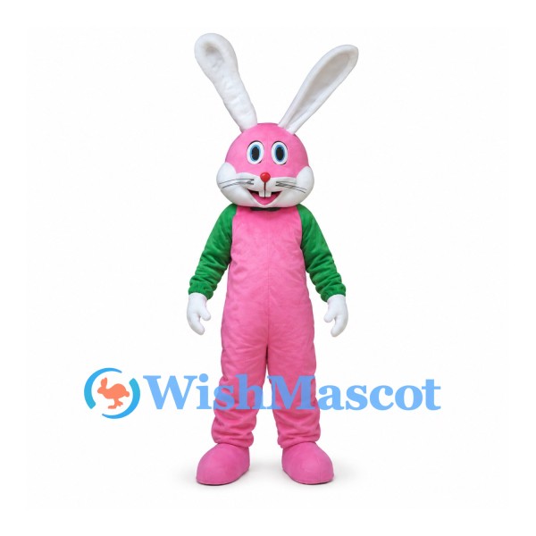 Rabbit Mascot Costume in Pink with Green Jacket and Long White Ears