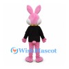Rabbit Mascot Costume in Pink with Black Jacket and Yellow Vest
