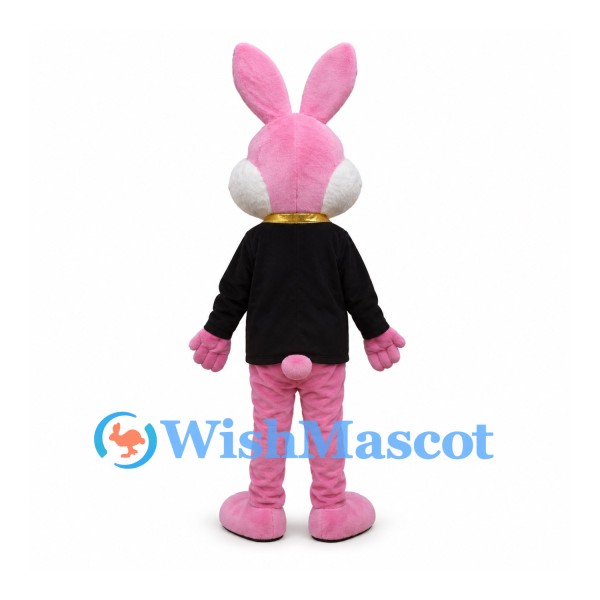 Rabbit Mascot Costume in Pink with Black Jacket and Yellow Vest