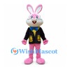 Rabbit Mascot Costume in Pink with Black Jacket and Yellow Vest