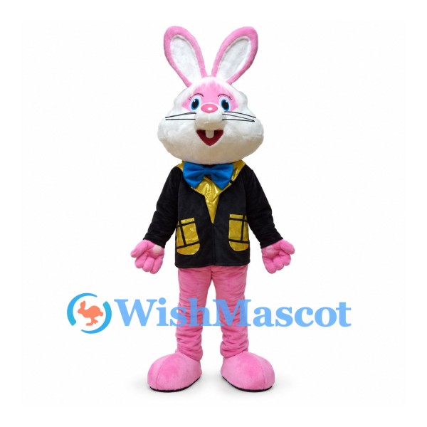 Rabbit Mascot Costume in Pink with Black Jacket and Yellow Vest