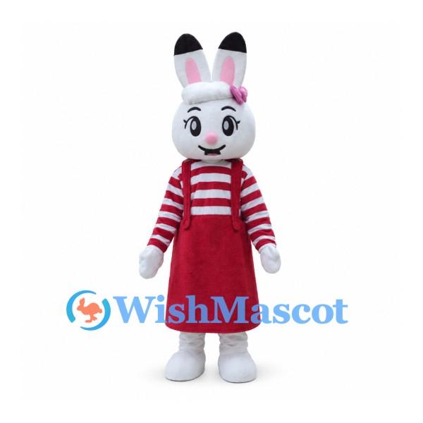 Rabbit Mascot Costume with Red Striped Shirt and Red Skirt