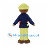 Farmer Mascot Costume with Green Hat Navy Coat and Tool Belt