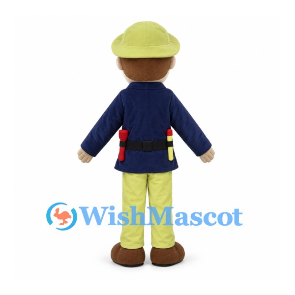 Farmer Mascot Costume with Green Hat Navy Coat and Tool Belt